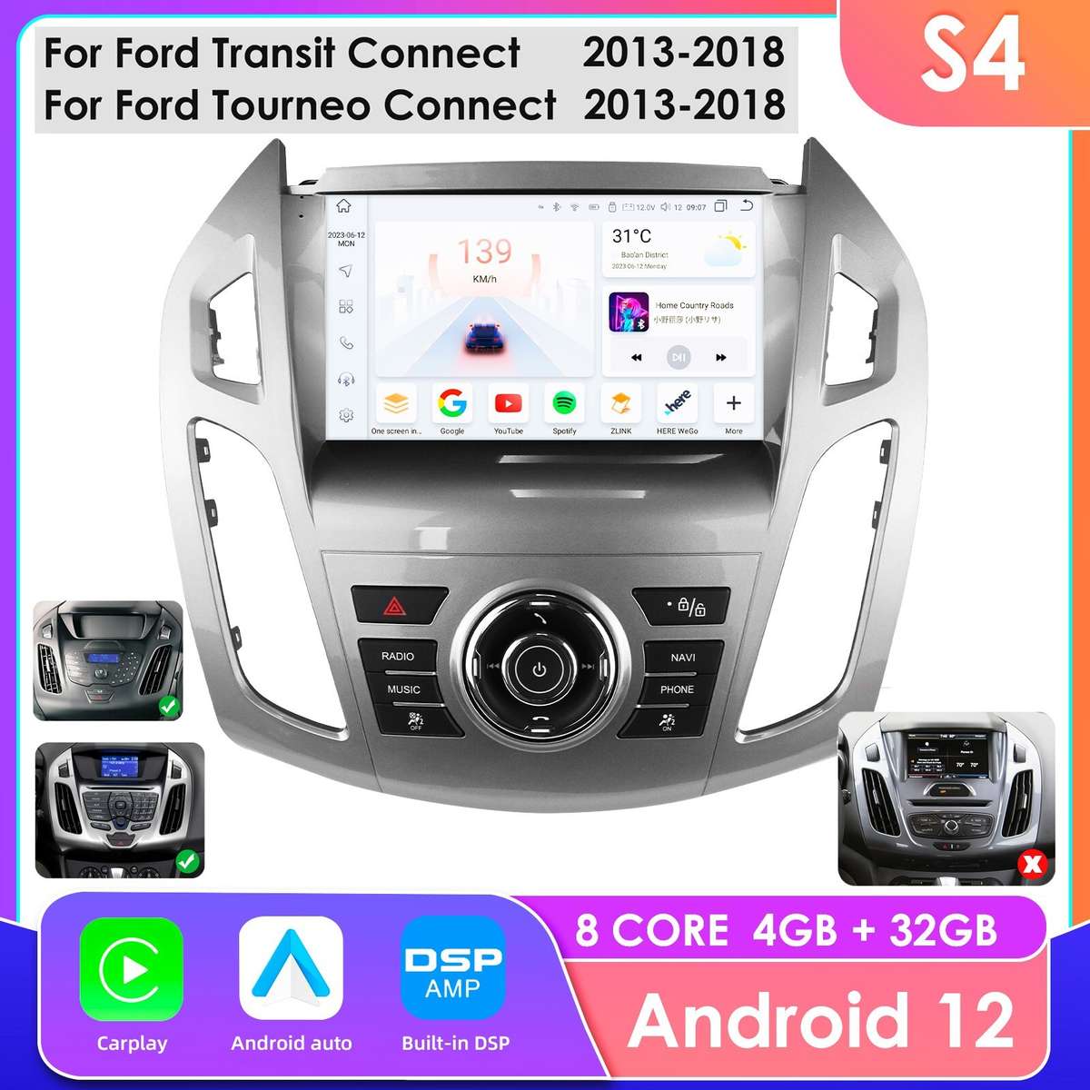 8-Core 9" Android 12 Stereo Radio GPS For Ford Transit Connect 2013-2018 Carplay