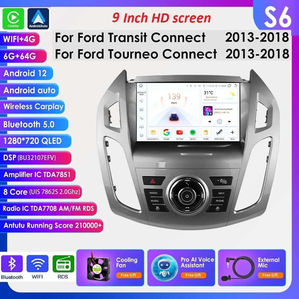 6+64GB Car Radio Player 9"For Ford Transit Connect 2013-18 Android 12 Stereo GPS