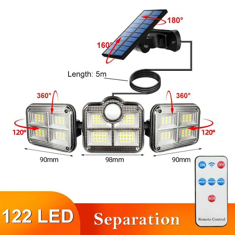 Solar LED Street Lamp Motion Sensor Remote Control Wall Flood Yard Outdoor Lamp Separation-122 SMD