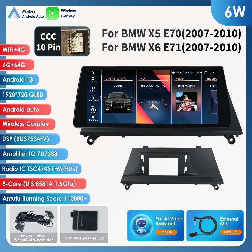 Wireless Carplay Android 13 Touchscreen Radio 10.25"for BMW X5/X6 E70 E71 CCC BT