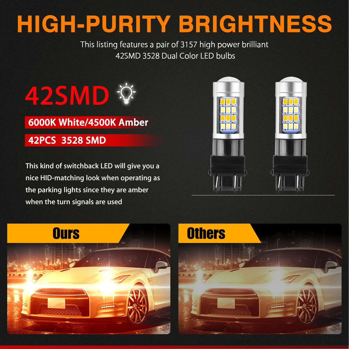 4X Error Free White/Amber 3157 LED DRL Switchback Turn Signal Parking Light Bulb