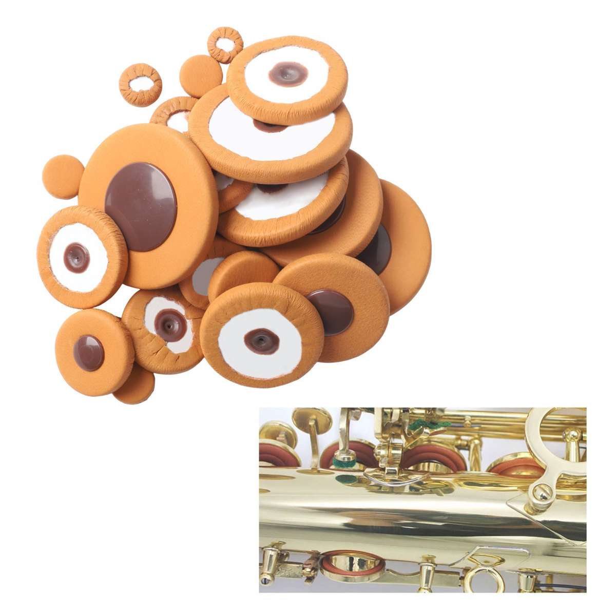 Complete Set Of 25 PCS Brown Saxophone Leather Pads For Tenor Sax Replacement