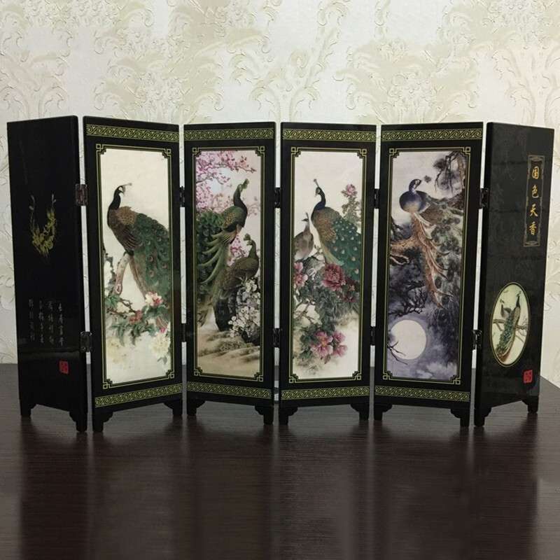 Wooden Foldable Panel Peacock Screen Commemorative Wood Partition Room Divider
