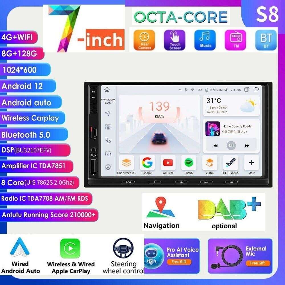 8+128GB Android 12 CarPlay Radio Double 2 Din 7" Car Stereo GPS Player DSP WiFi