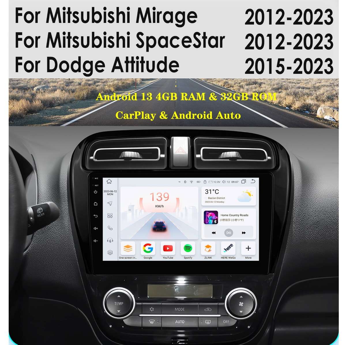 CarPlay 9" Android 12 Car Stereo WiFi GPS HeadUnit For Mitsubishi Mirage 2012-19