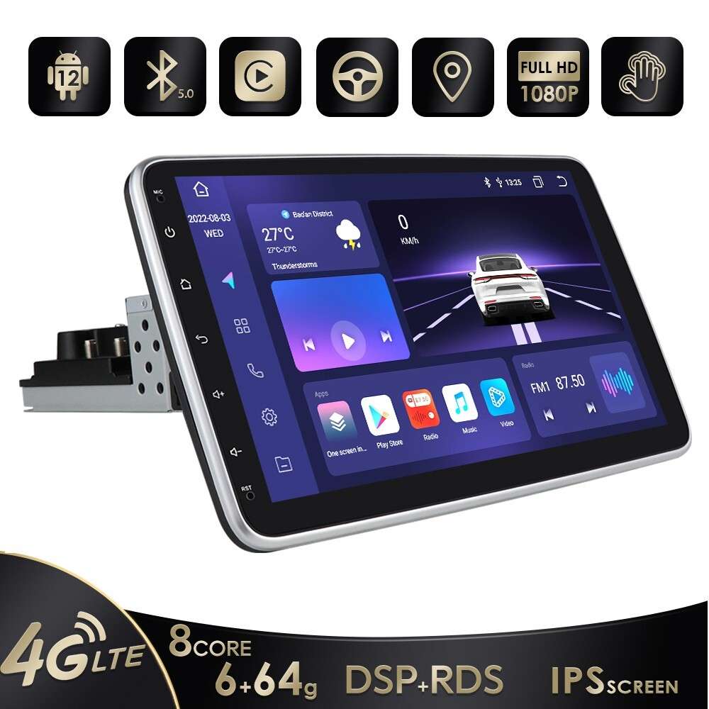 64GB Single DIN 10.1" Android 12 Rotatable Car Stereo Radio Carplay GPS Headunit