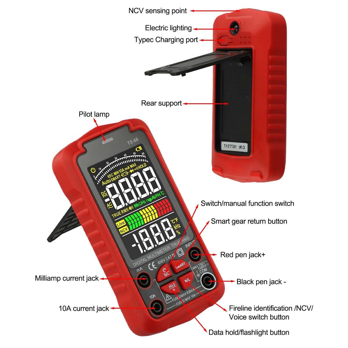 Smart Digital Multimeter USB Rechargeable TRMS 6000 Counts ACDC-Voltmeter
