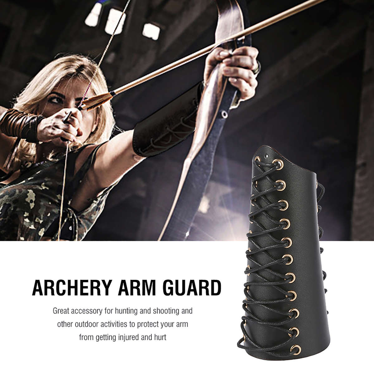 Black)1Pc Archery Arm Guard Bracer Hunting Shooting Lace Up Leather Armguar