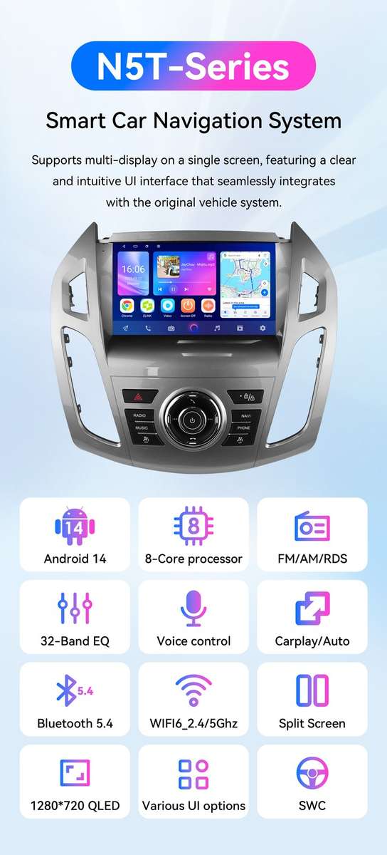 8Core For Ford Transit Connect 2013-18 Android14 Carplay Radio Stereo GPS 4+64GB