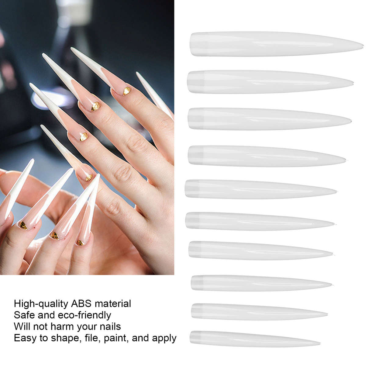10pcs Professional Long Pointed Nail Tip Home Salon Fake False Nail Set Mani CHW