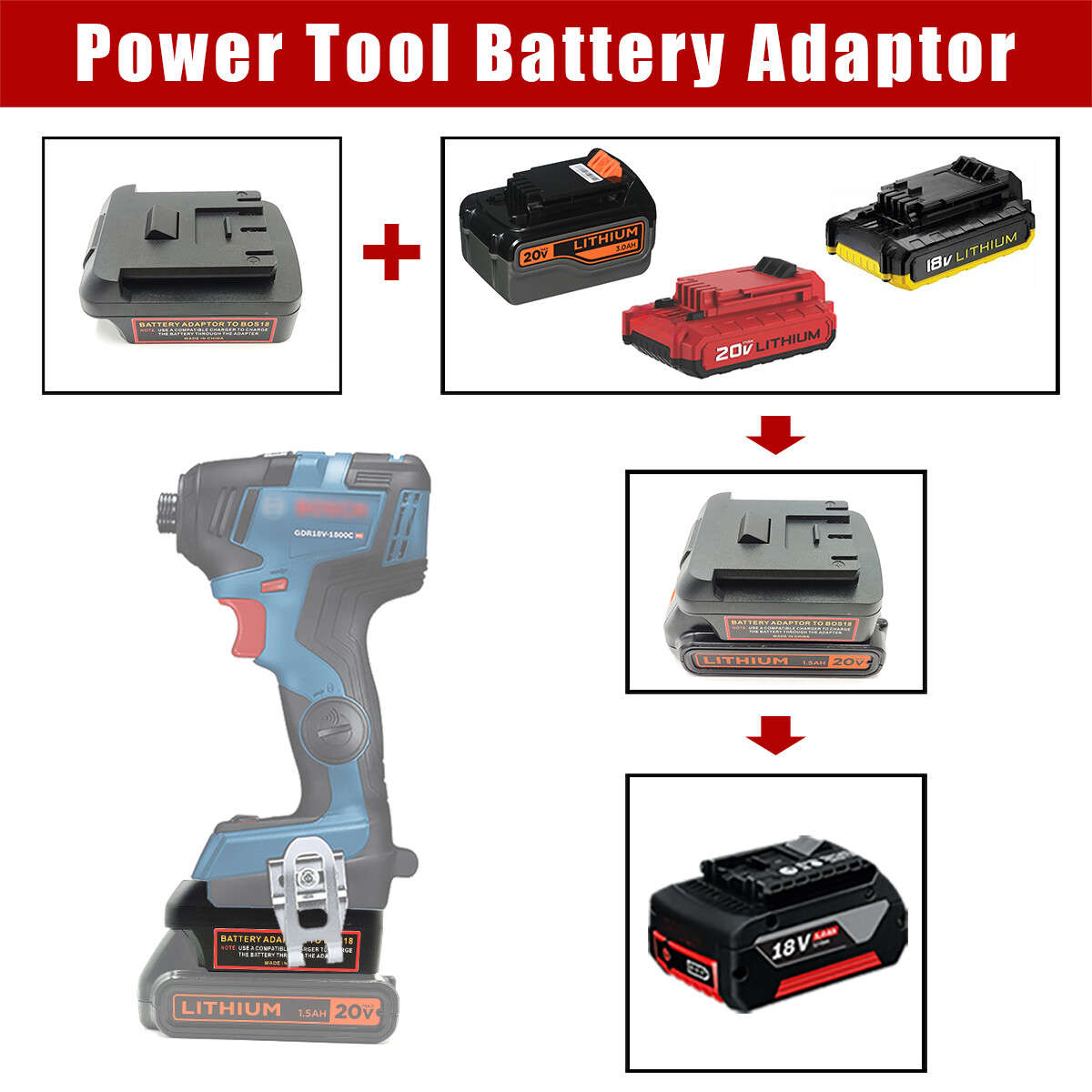 Adapter for Black Decker 20V Li-ion Battery Convert to for Bosch 18V Power Tool