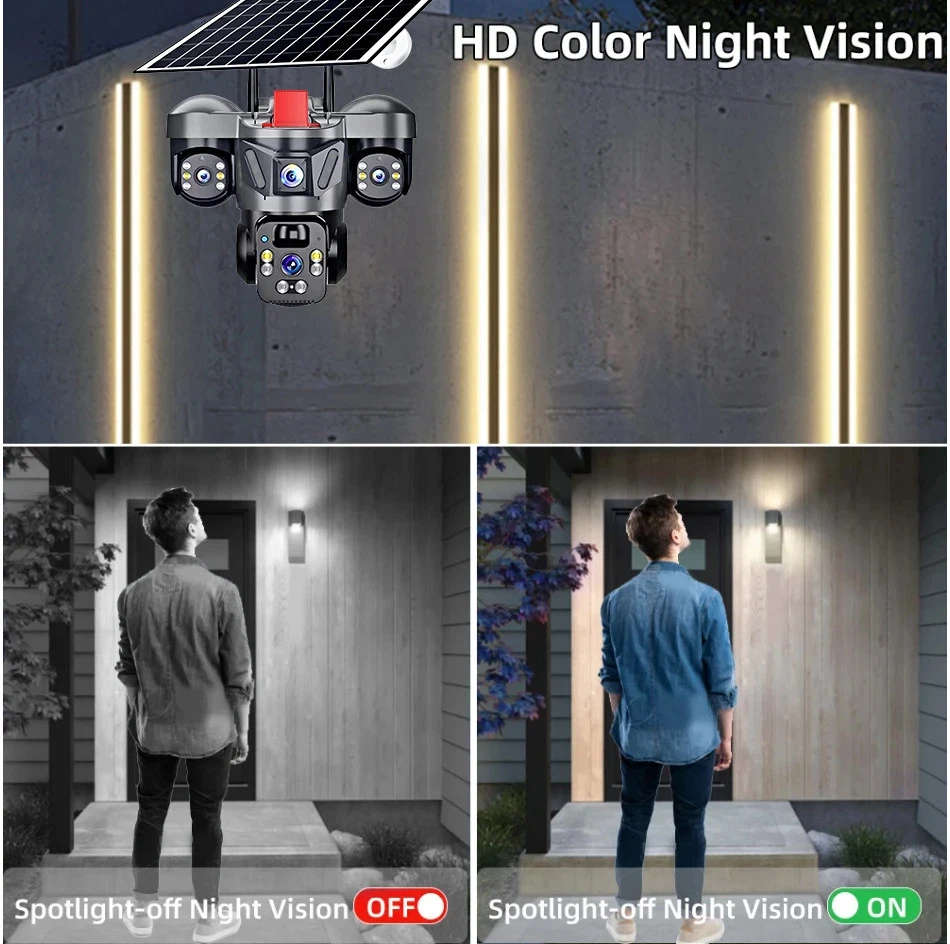 V380 Pro Outdoor PTZ  SIM Card 4G Solar Camera Home Security Triple Lens Camera, tow-way audio
