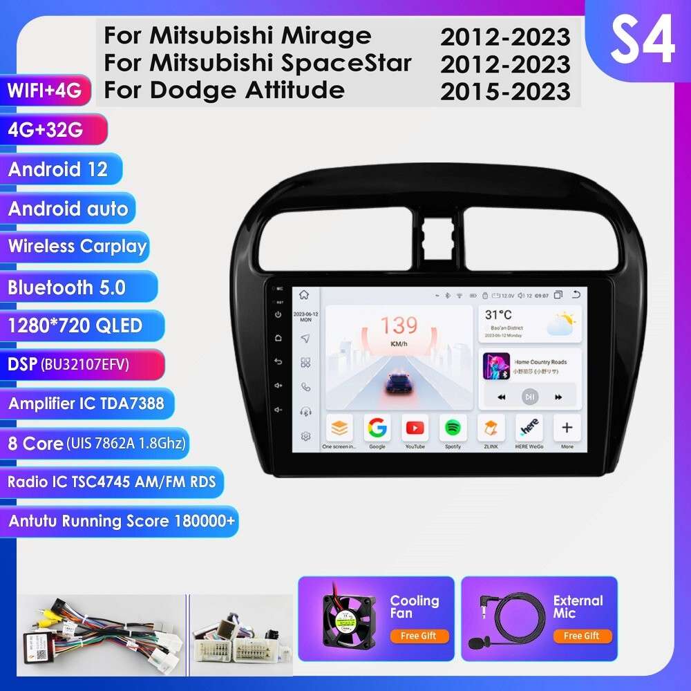 CarPlay 9" Android 12 Car Stereo WiFi GPS HeadUnit For Mitsubishi Mirage 2012-19