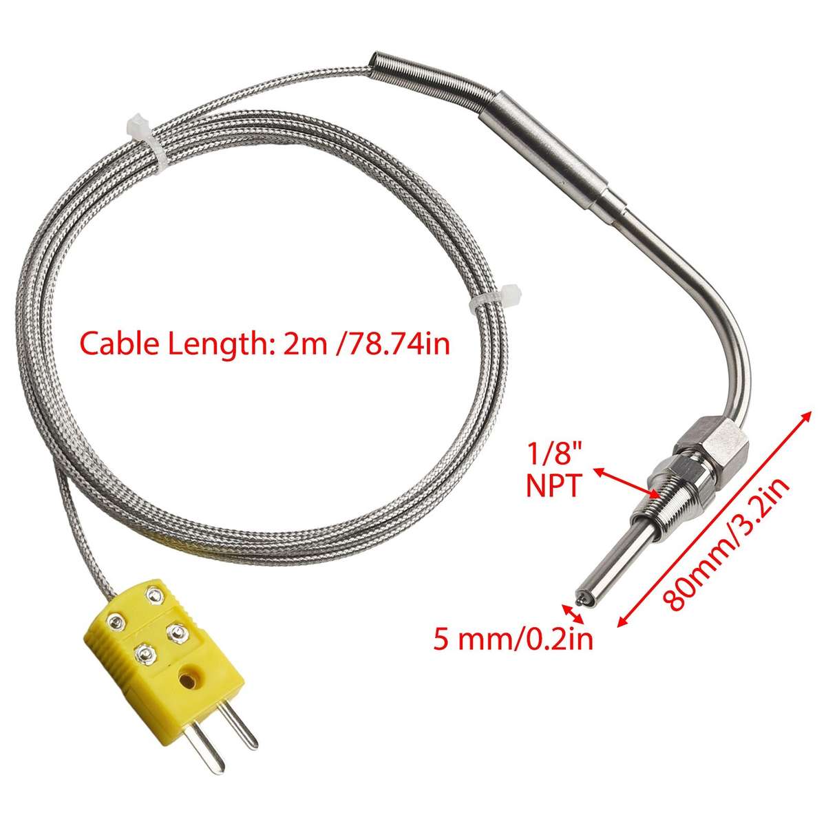 2M EGT K-Type Thermocouple Exhaust Probe High Temperature Sensor 1/8 NPT Threads