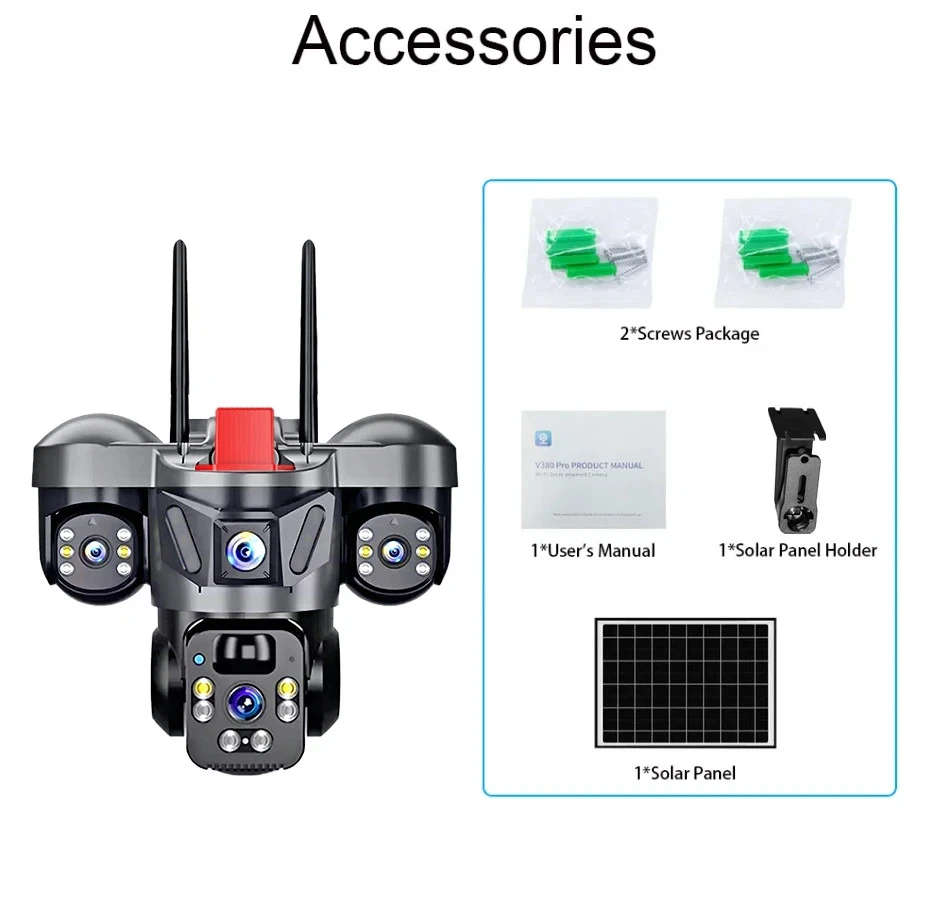 V380 Pro Outdoor PTZ  SIM Card 4G Solar Camera Home Security Triple Lens Camera, tow-way audio