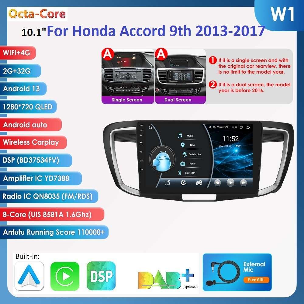 10" Android13 Car Carplay Stereo Radio GPS Player For Honda Accord 9th 2013-2017