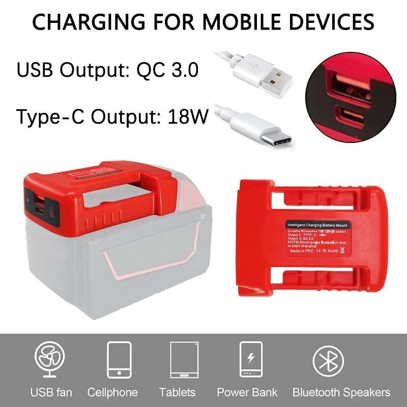 USB Charger Adapter For Milwaukee 18V Battery Battery Holder Adapter USB Type-C