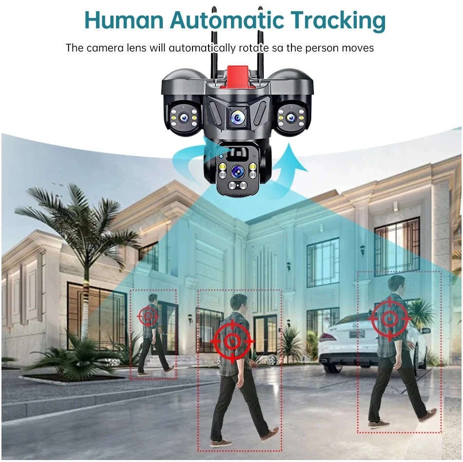V380 Pro Outdoor PTZ  SIM Card 4G Solar Camera Home Security Triple Lens Camera, tow-way audio