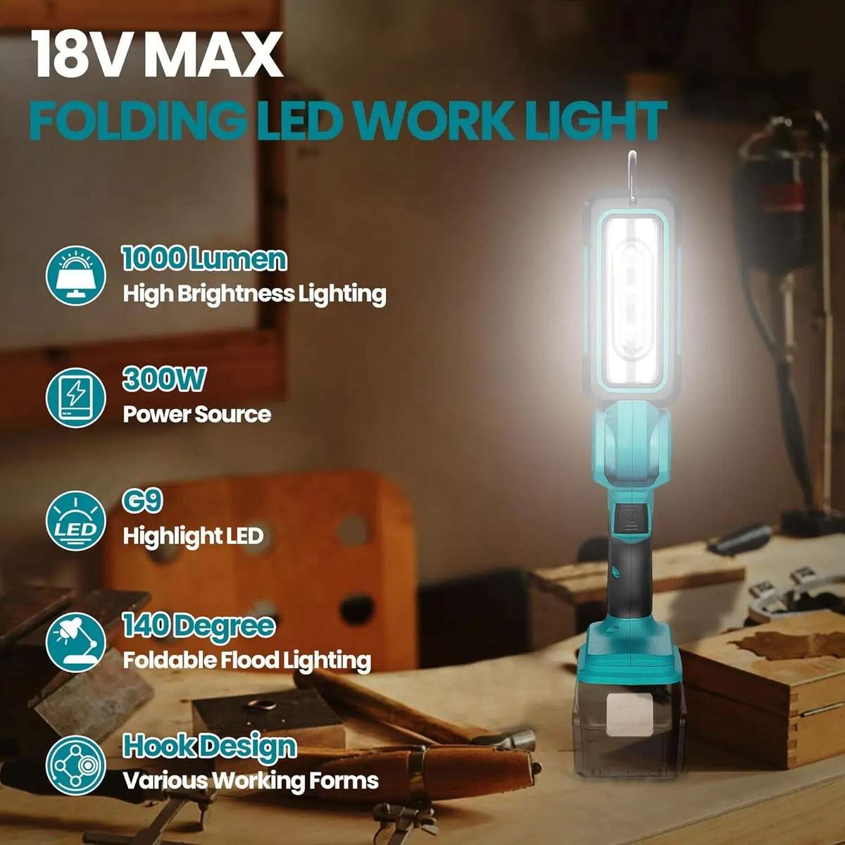 1200lm LED Work Light Flashlight For Makita 18V Battery Handheld FloodLight Hook