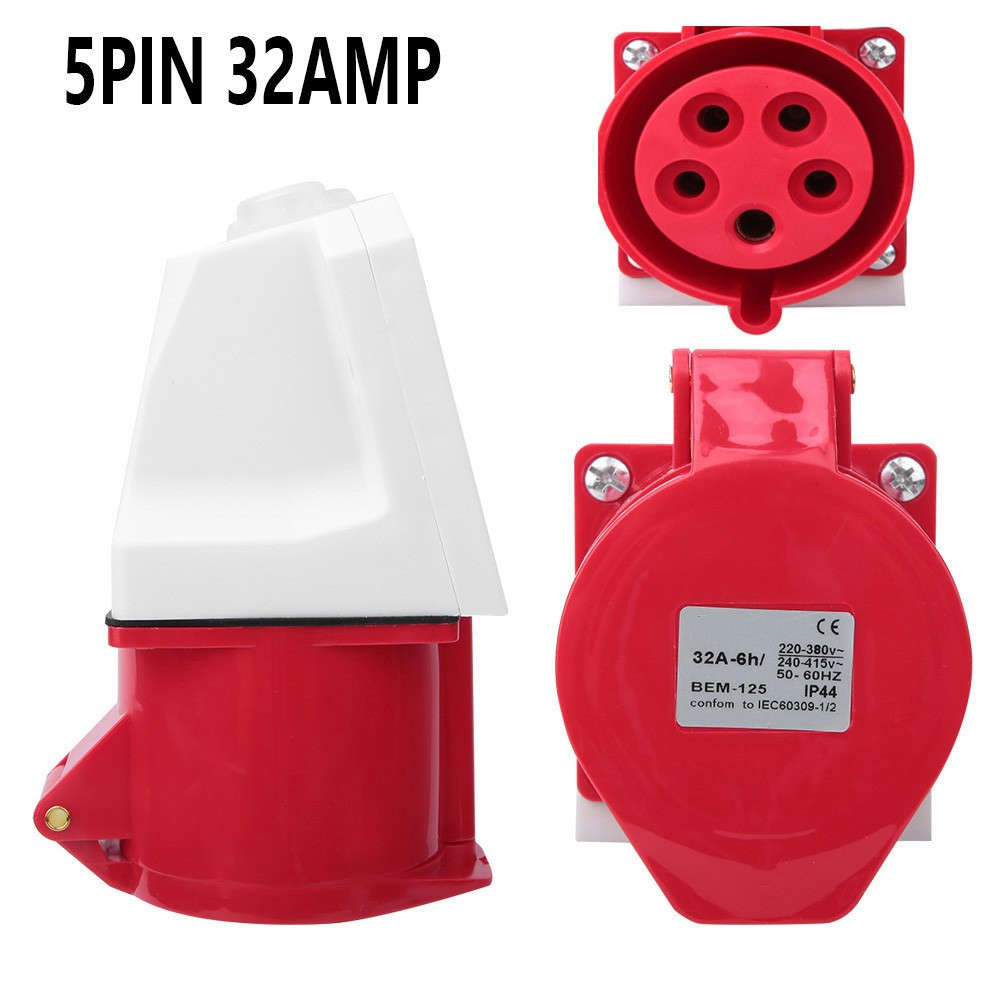 High Power 32A 5 PIN RED 3 PHASE Industrial Plug+Socket 415V Wall Mountable