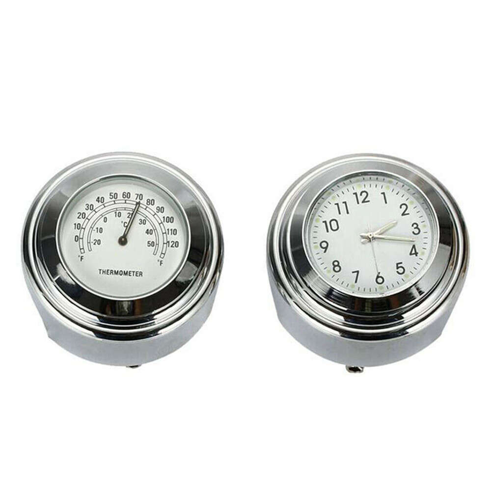 7/8" 1" Universal Motorcycle Handlebar Chrome Mount Dial Clock & Thermometer New