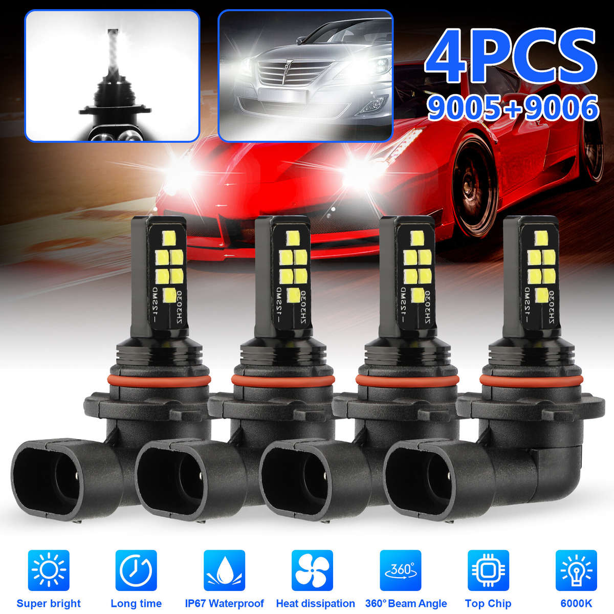 4x 9005 9006 LED Combo Headlight Bulbs High Low Beam Kit Xenon 6000K Super White