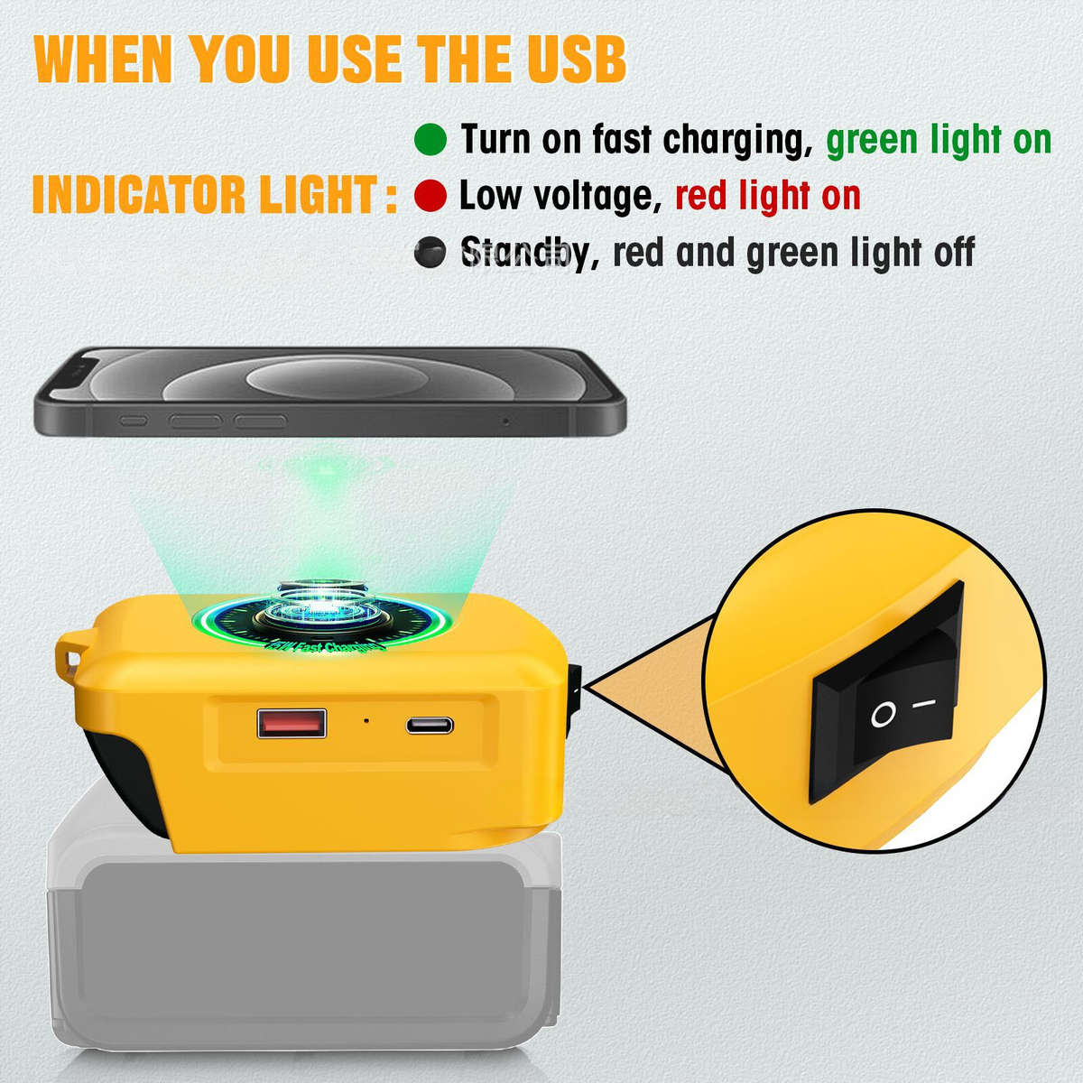 Wireless Charger Adapter for Dewalt 20v Battery 15W for Phone with Type C USB