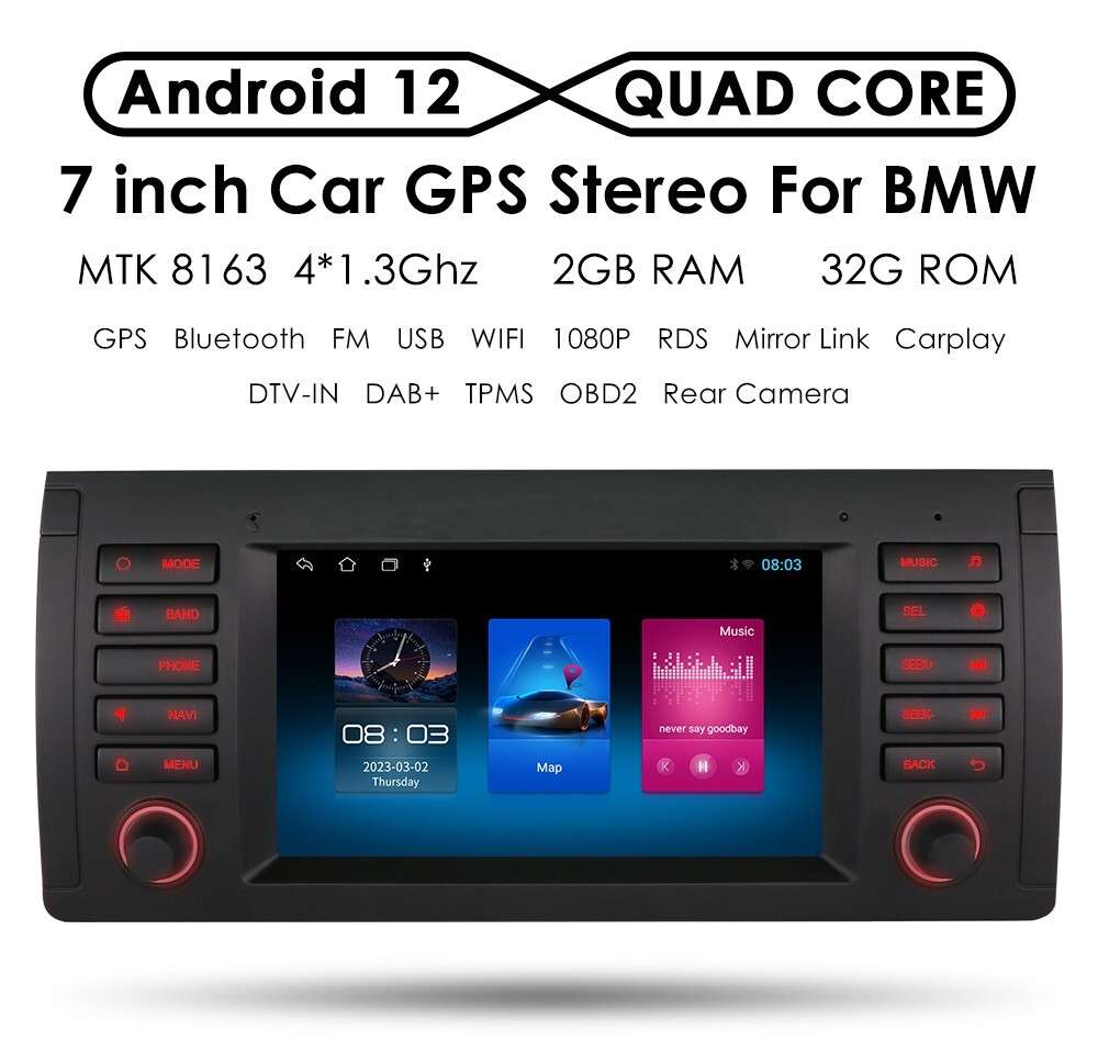 For BMW 5 Series E39 X5 E53 7" Android Auto 12 Car Stereo GPS CarPlay RDS 2+32GB