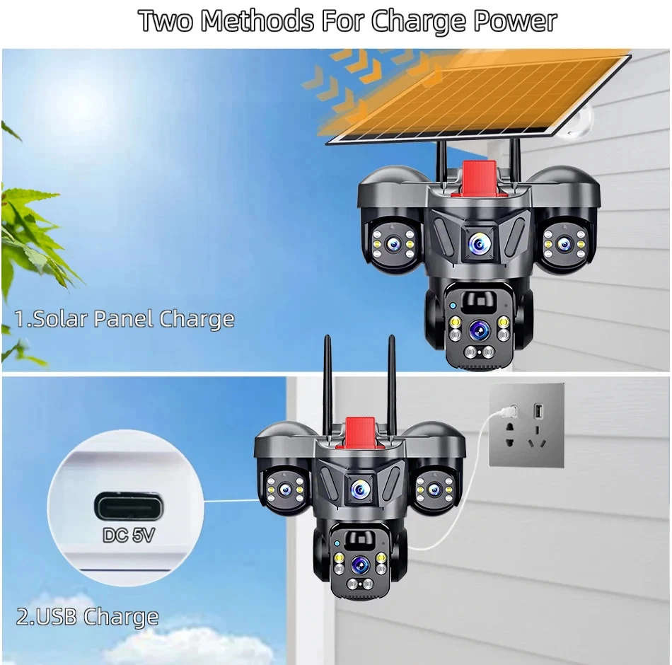 V380 Pro Outdoor PTZ  SIM Card 4G Solar Camera Home Security Triple Lens Camera, tow-way audio