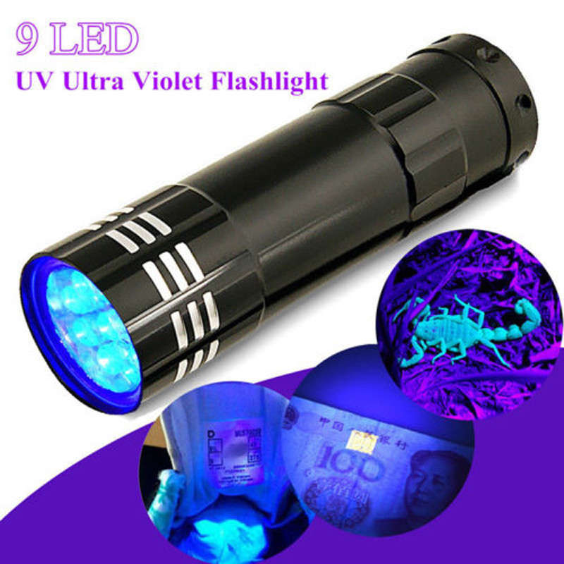 Mini Aluminum UV 9 LED Flashlight Torch Black