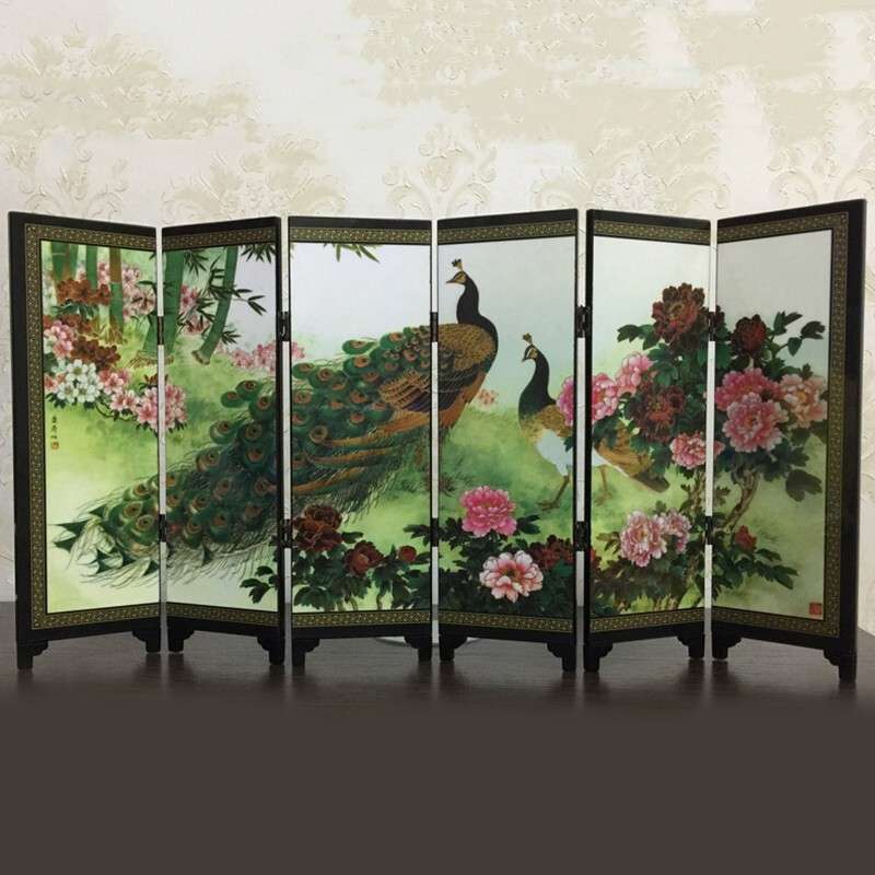 Wooden Foldable Panel Peacock Screen Commemorative Wood Partition Room Divider