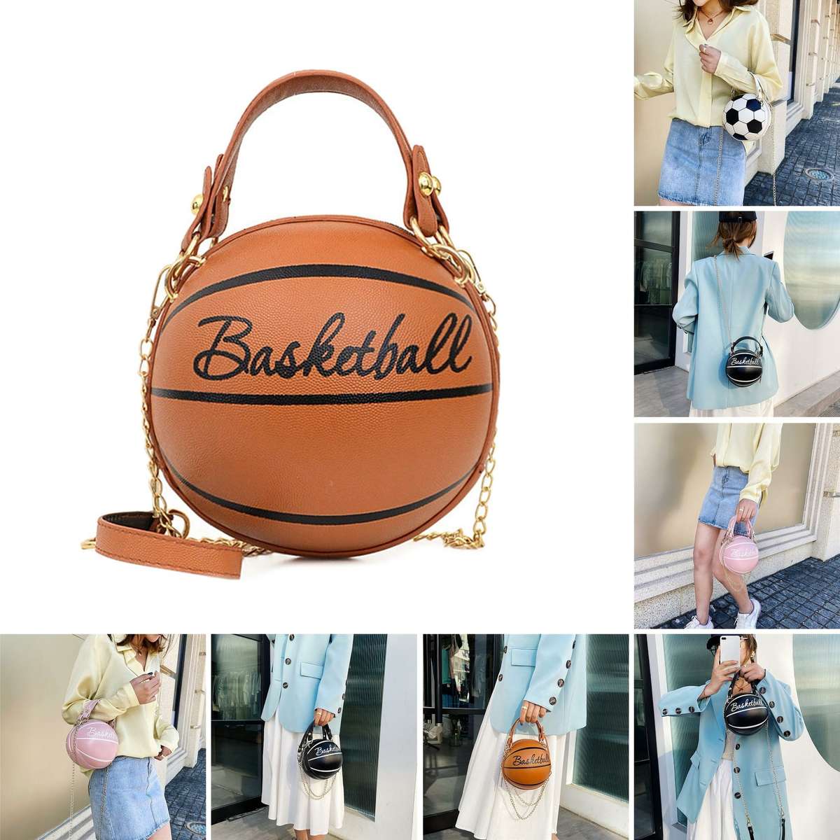 Lady Chain Diagonal Crossbody Bag Women Round Basketball Handbag Shoulder Bag