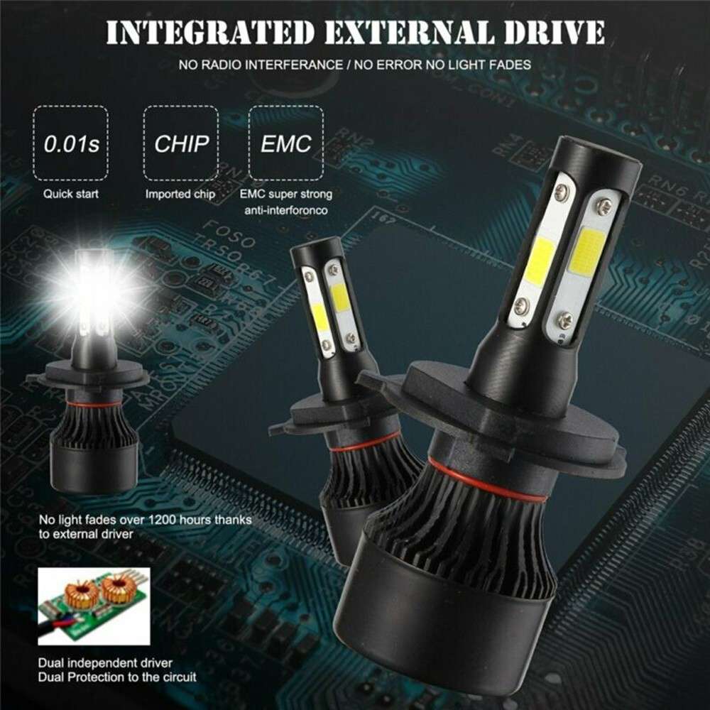 4 Side H4 LED Headlight Bulbs High/Low Beam 6500K 9003 HB2 2500W 375000LM