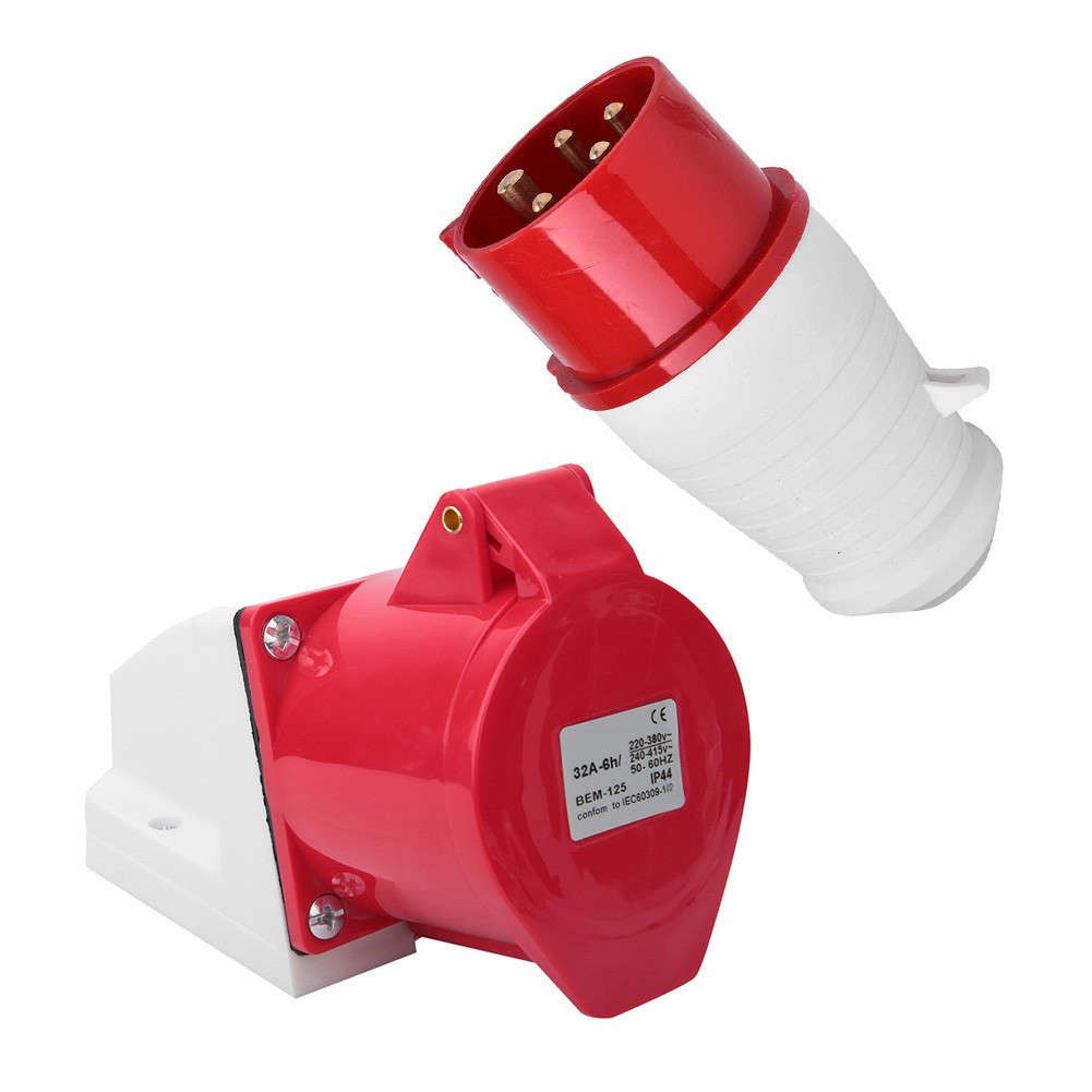 High Power 32A 5 PIN RED 3 PHASE Industrial Plug+Socket 415V Wall Mountable