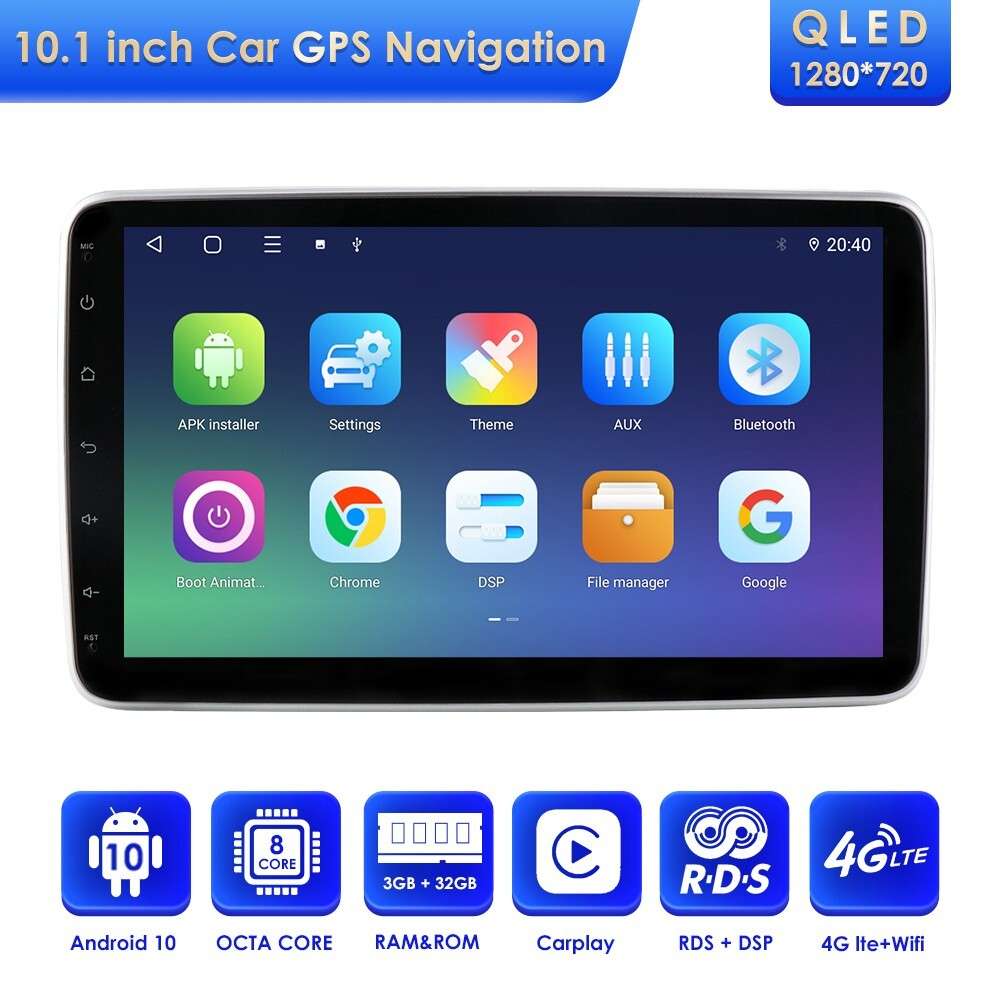 2DIN 10.1" Rotatable 8+128GB Android 12 CarPlay Car Stereo GPS Radio RDS WiFi BT