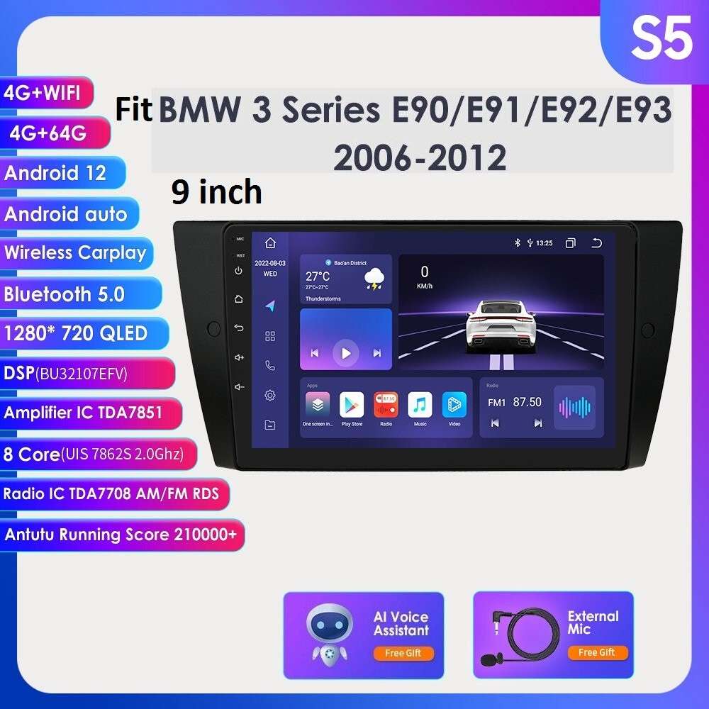 For BMW 3 Series E90 E92 E93 Android12 9"Car GPS Stereo 4+64GB CarPlay Radio DSP
