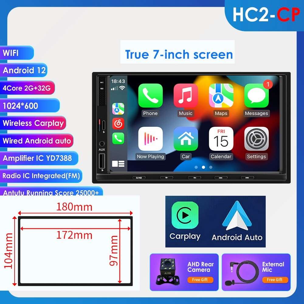 7" Car Stereo Radio WiFi Double 2DIN MP5 Bluetooth Touch Screen RDS CarPlay +Cam