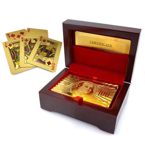24K Gold Plated Unique Playing Cards with Wooden Gift Box & Certificate 54 cards