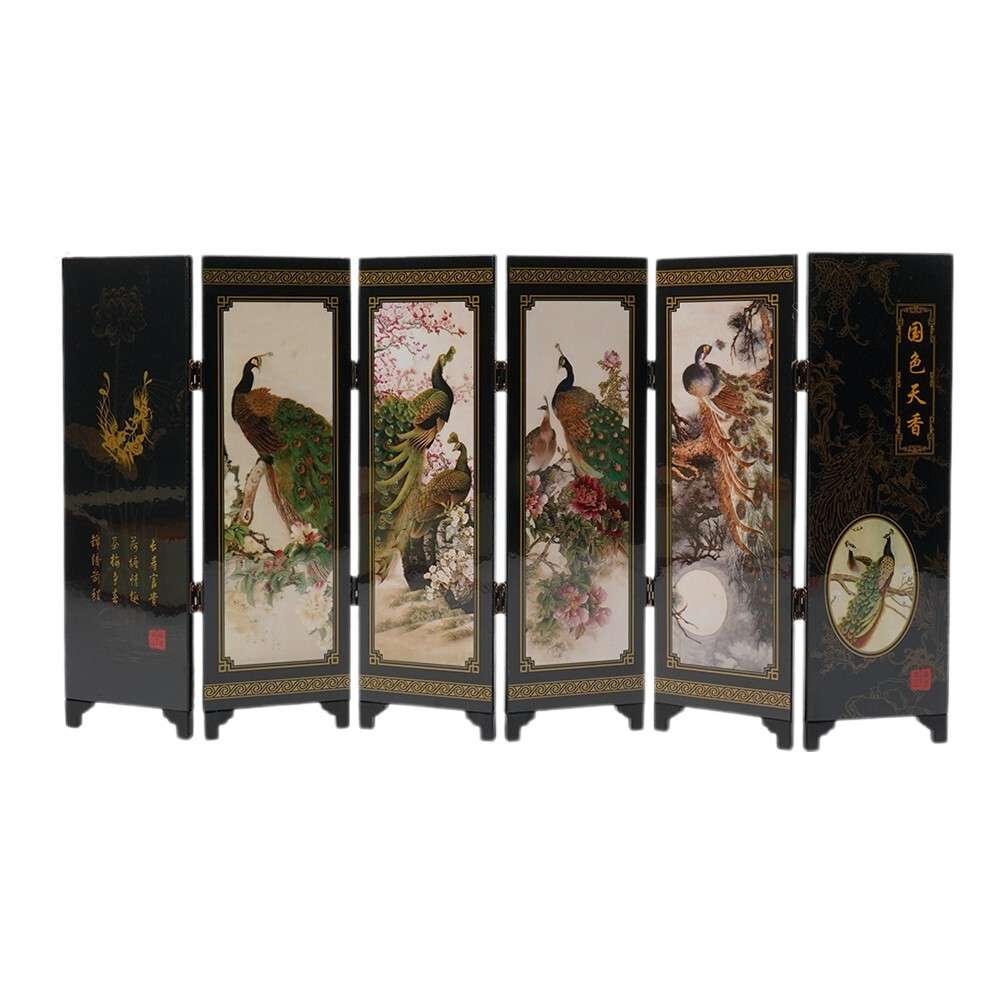 Wooden Foldable Panel Peacock Screen Commemorative Wood Partition Room Divider