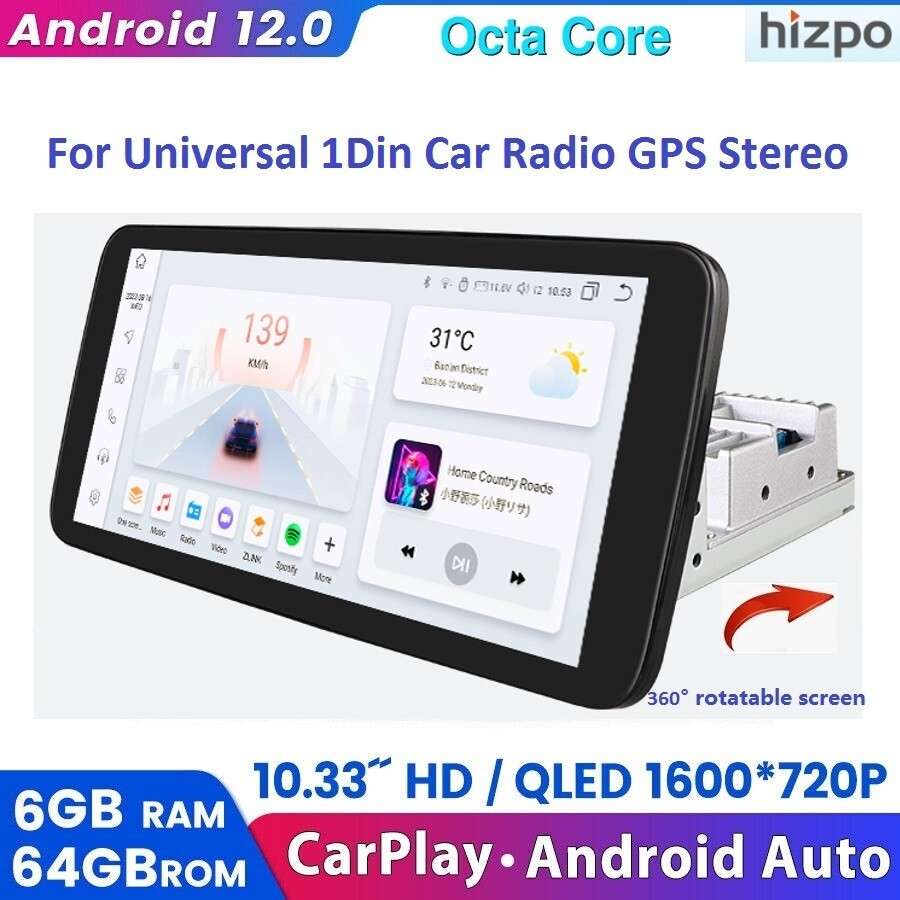 Single DIN Rotatable 10.33" TouchScreen Carplay Stereo Radio 64GB Android 12 GPS