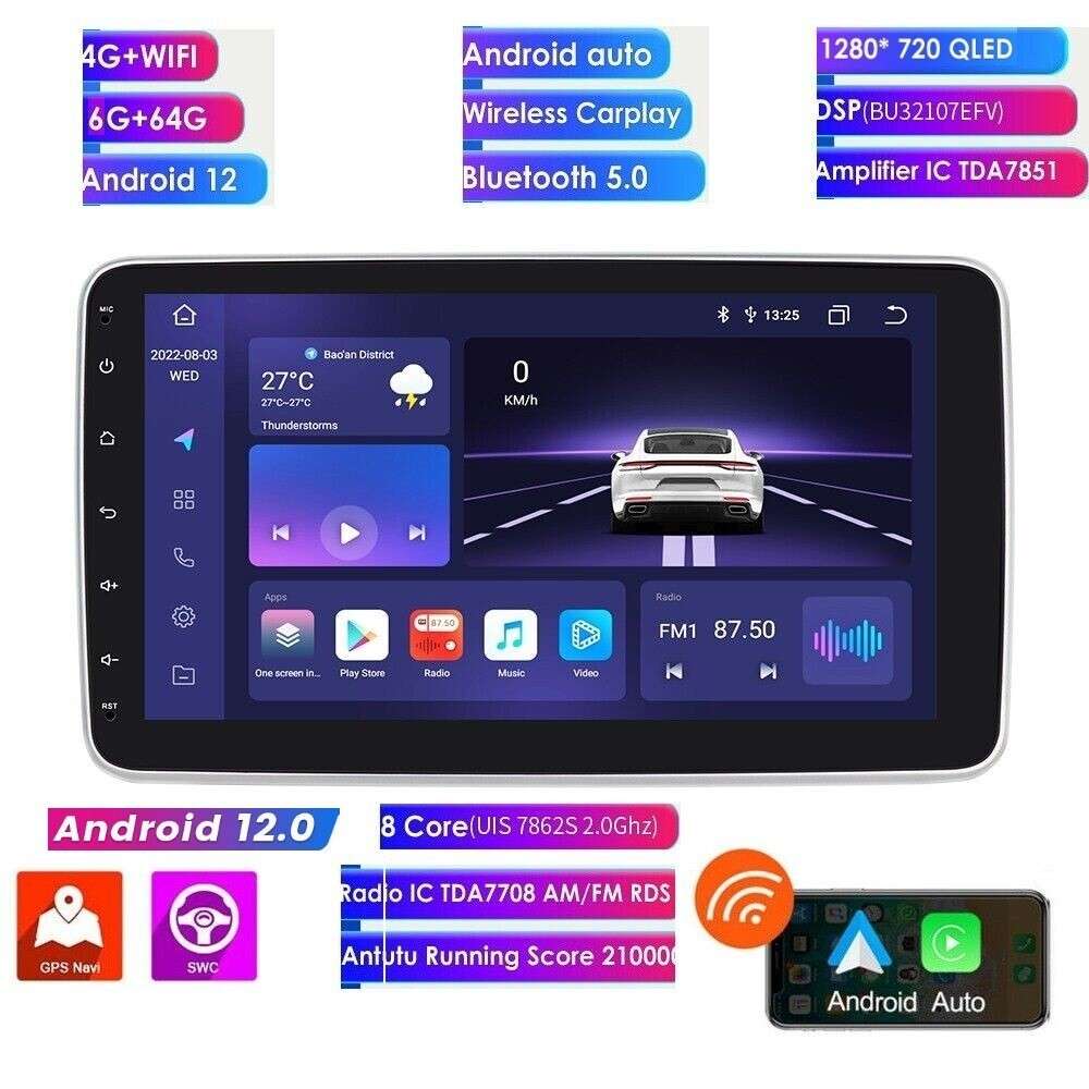 4+64GB 10.1" Rotatable Android 12 Carplay Single DIN Car Stereo Radio GPS DSP AI