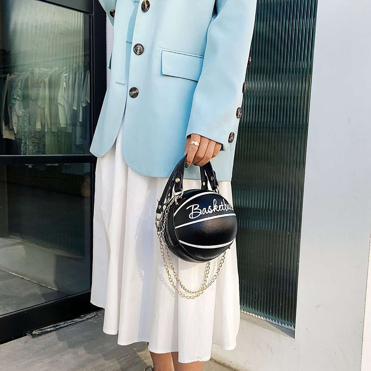 Lady Chain Diagonal Crossbody Bag Women Round Basketball Handbag Shoulder Bag