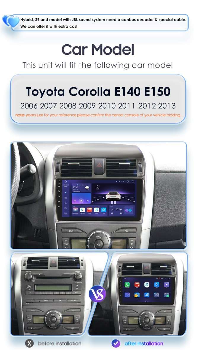 For Toyota Corolla 2006-2013 9" Android 13 Carplay Car Stereo Radio GPS Headunit