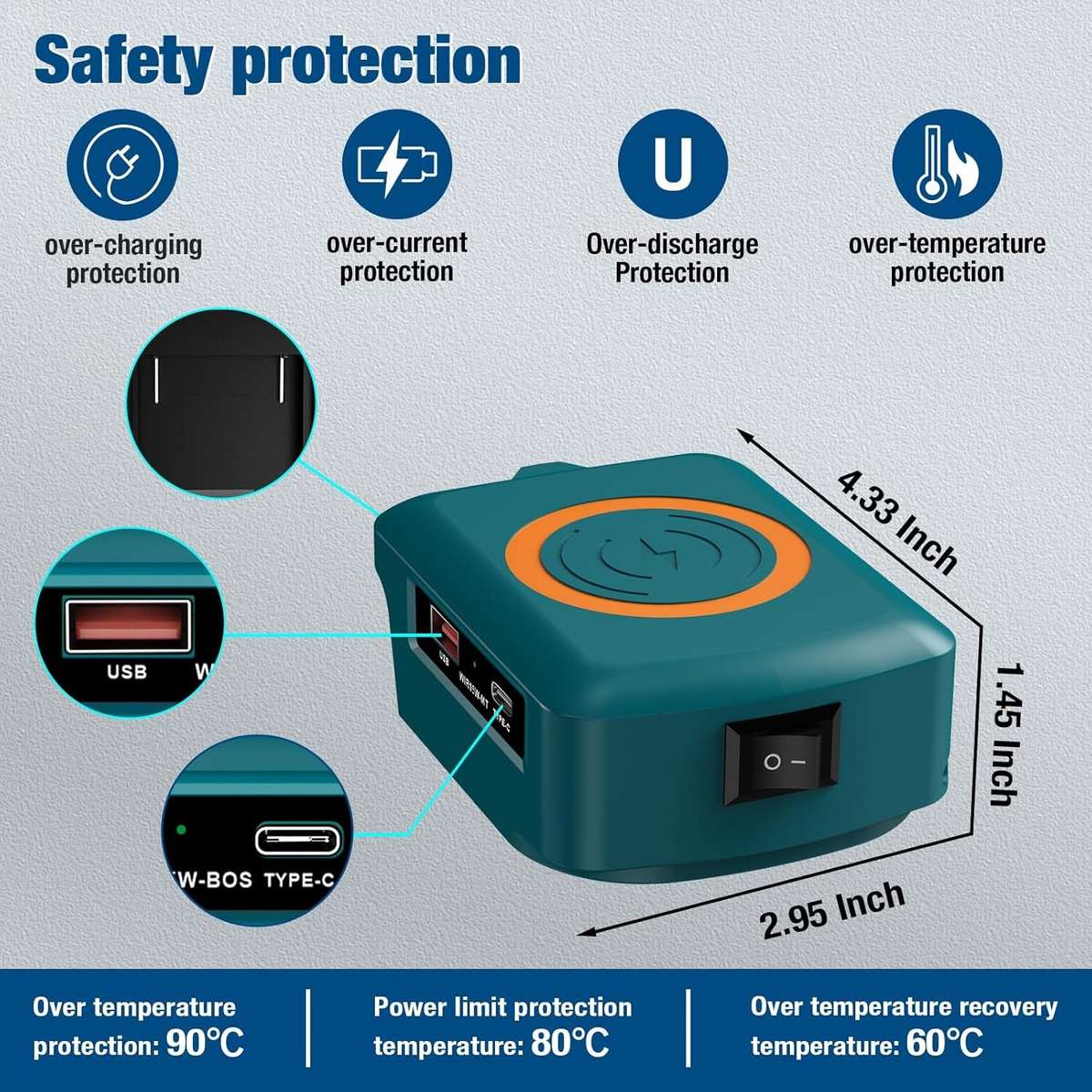 Wireless Charger Adapter for Bosch 18v GBA Battery 15W for Phone with Type C USB