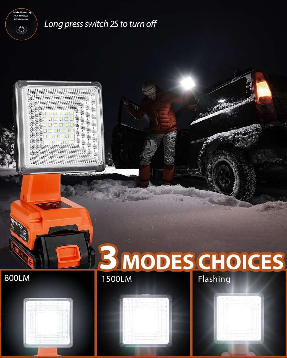 1500LM Cordless LED Work Light for Black&Decker 20v LED Floodlight USB Charging