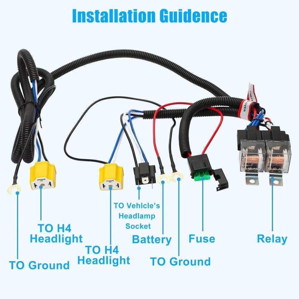 H4 Led Headlight Relay Wiring Harness Kit for H6054 H5054 H6054LL 6014 6052 6053