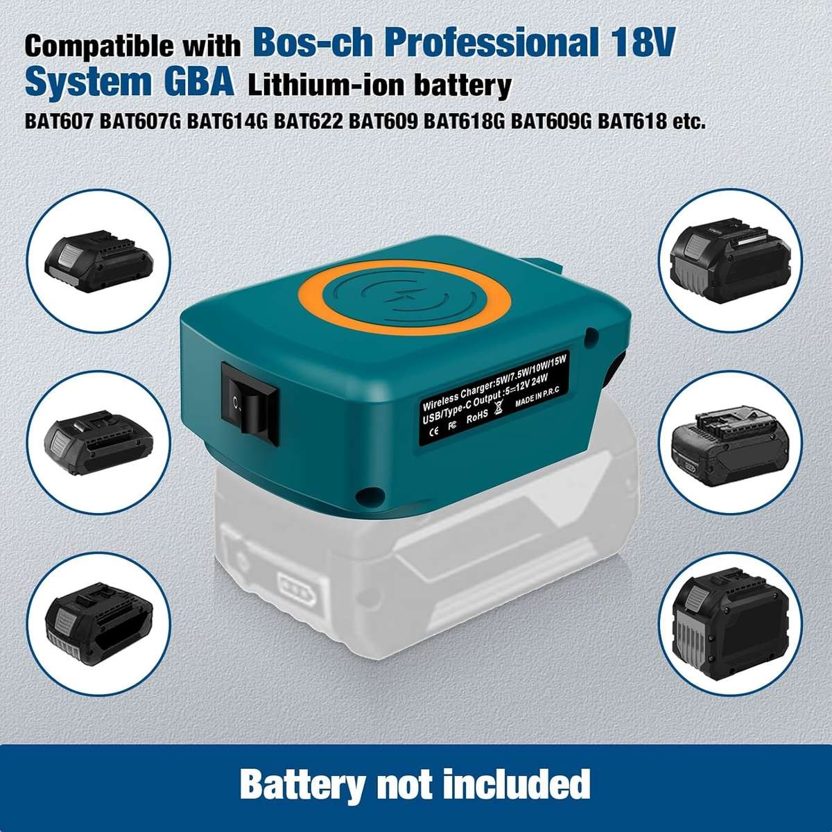 Wireless Charger Adapter for Bosch 18v GBA Battery 15W for Phone with Type C USB
