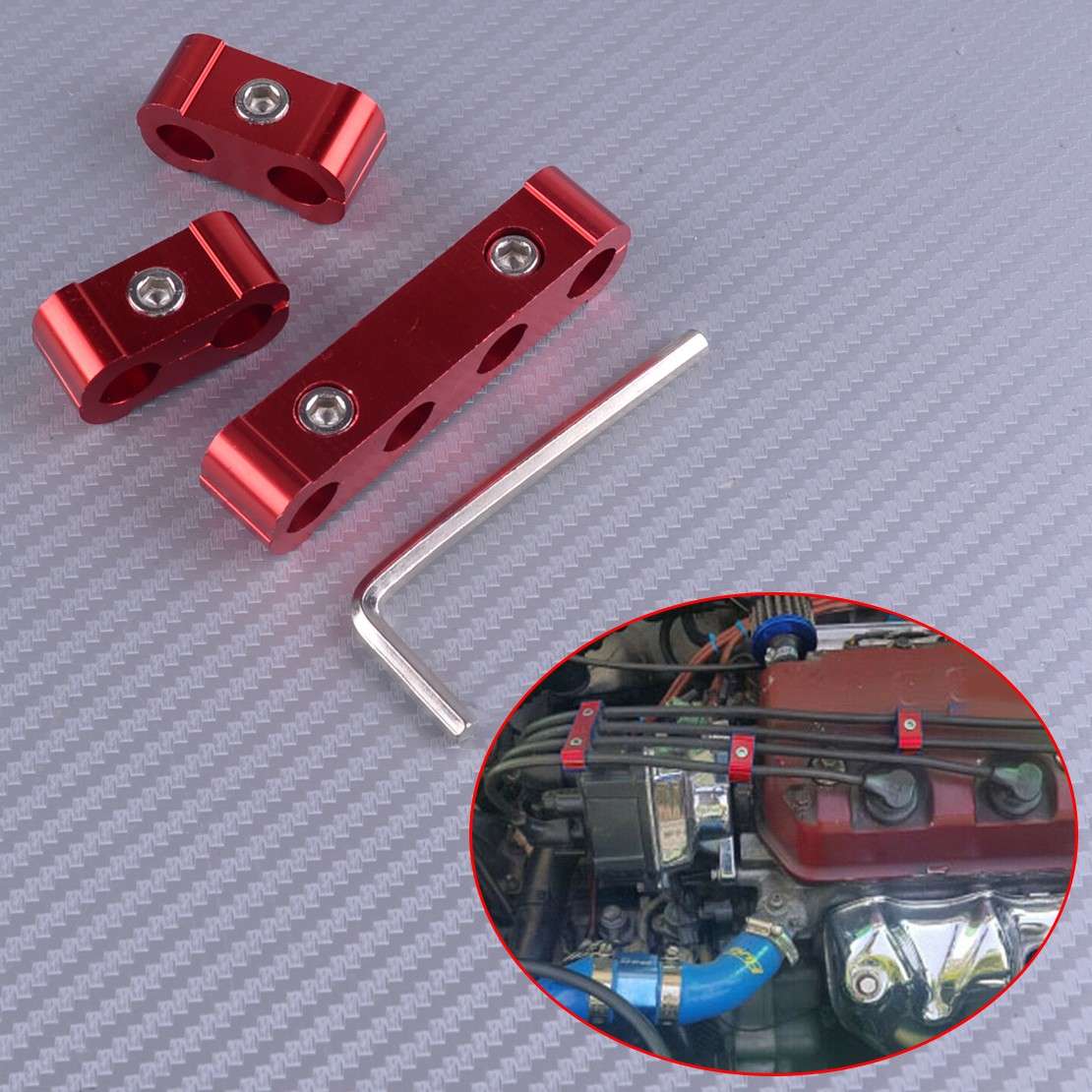 3Pcs Red Aluminum Engine Spark Plug Wire Separator Divider Organizer Clamp Set