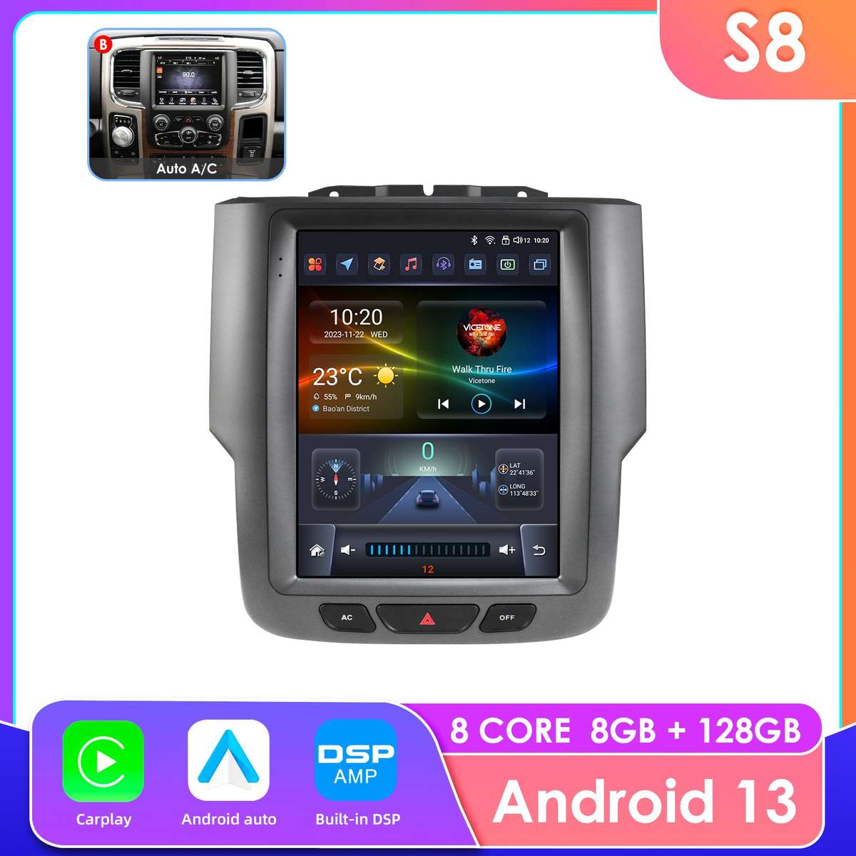 8+128G Android For Dodge Ram 1500 2500 3500 13-18 Apple Carplay Stereo Radio GPS