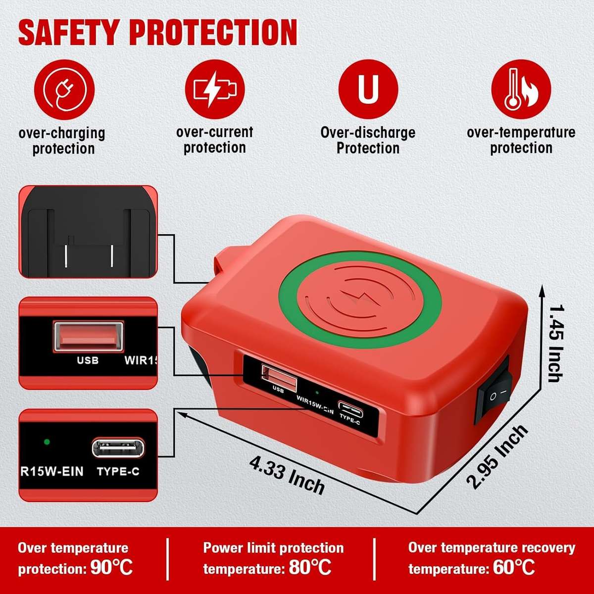 Wireless Charger Adapter for Einhell 18v Battery 15W for Phone with Type C USB